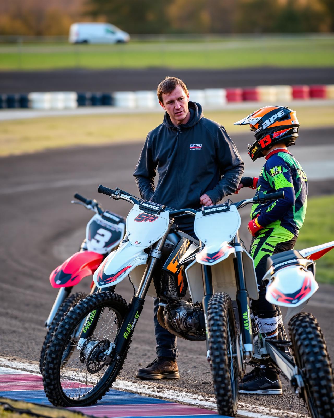 Istruttore off-road con allievo accanto alle moto in pista