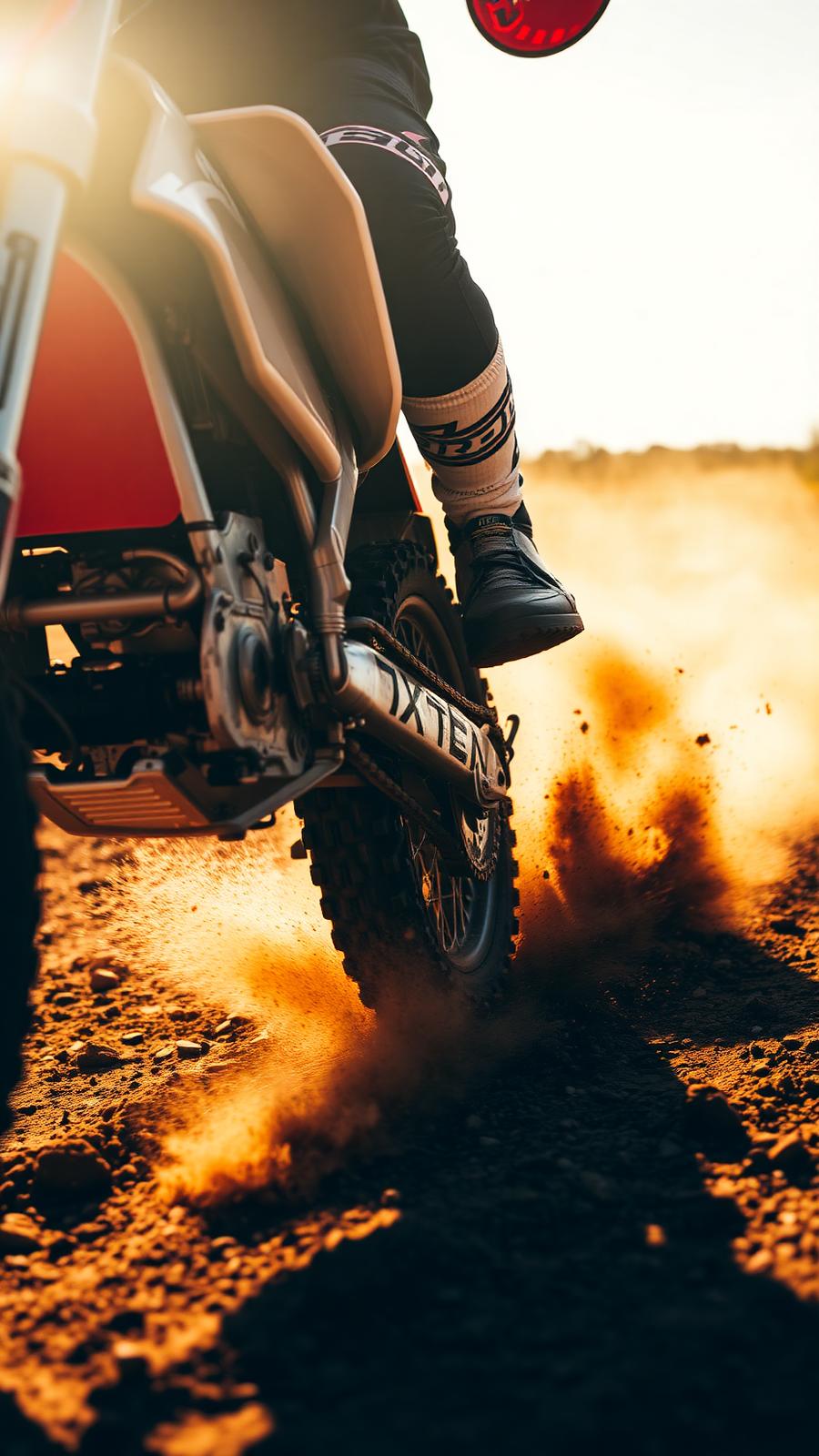 Dettaglio ruota di motocross che solleva polvere