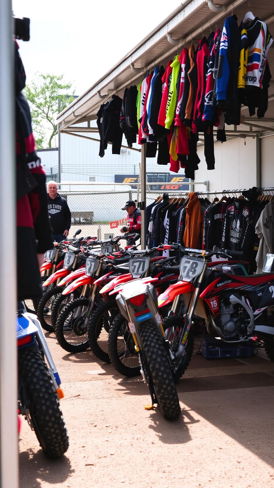 Paddock con moto e abbigliamento da motocross